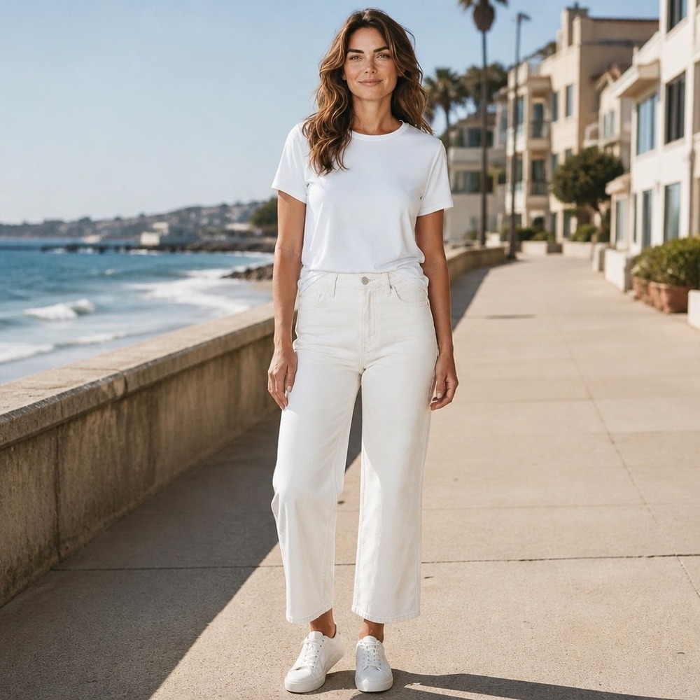 Paige Women White Wide Leg Cropped High Rise Denim Jeans Solid Coastal 32